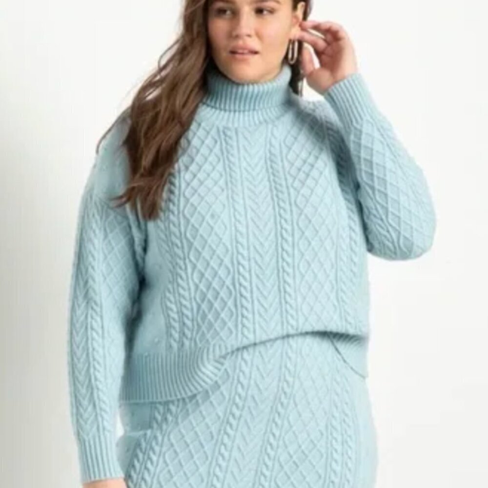 Eloquii Aqua Blue Turtle Neck Cable Knit Sweater 18/20